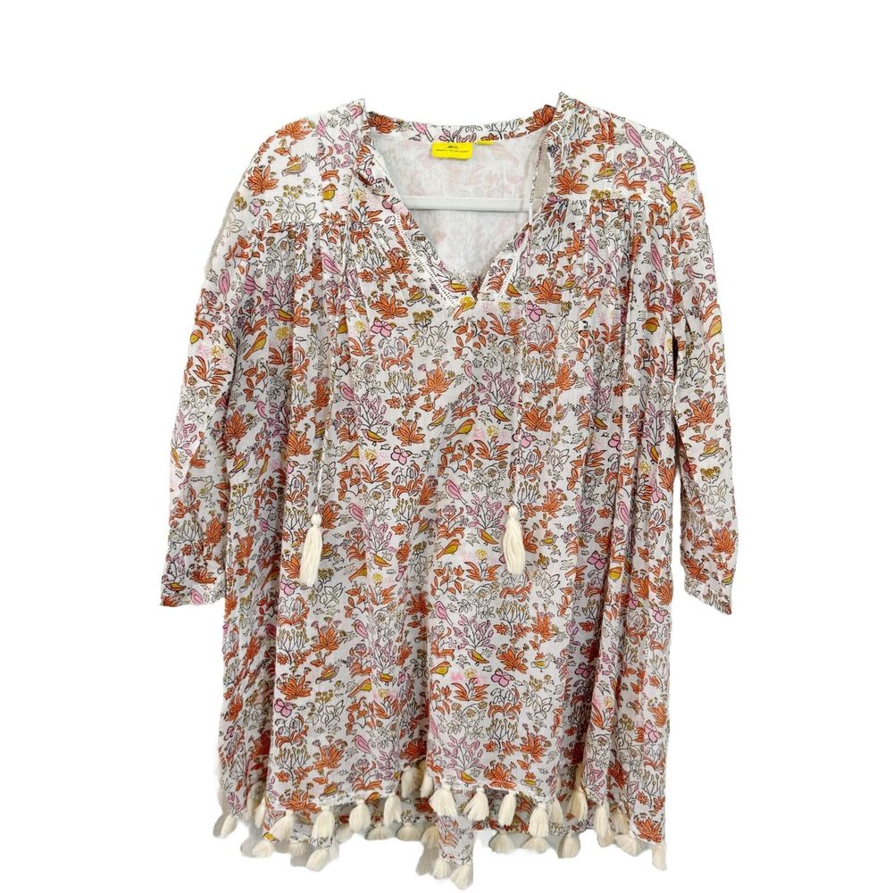 Roberta Roller Rabbit White Floral Swim Coverup with Orange and Pink Accents